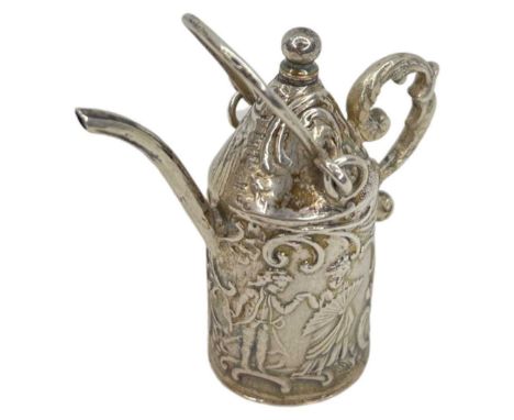Decorative Dutch Silver Kettle. 26g. Dutch c.1900. Scene of a courting couple.Height with handle extended 5.5 cmsCondition re