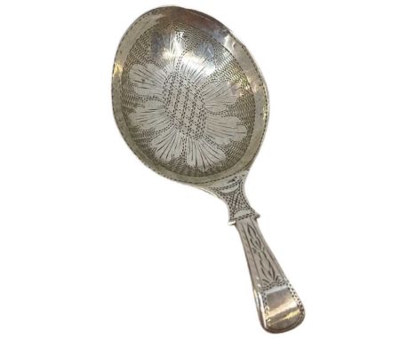 Georgian Silver Caddy Spoon. 5 g. Birmingham 1816, John Lawrence. Prick engraving decoration to bowl and stem. Vacant cartouc