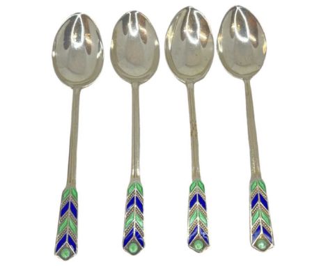 Set of 4 Silver &amp; Enamel Teaspoons. 34g. Birmingham 1936, Mappin &amp; WebbLength 9.6 cmCondition report: Excellent