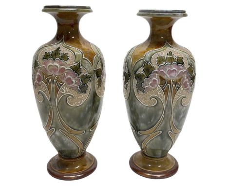 A Pair of Royal Doulton Stoneware Vases by Elisa Simmance, Baluster Form, painted with Art Nouveau flowers, in shades of gree