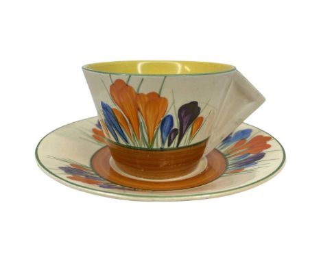 Clarice Cliff Indented Solid Conical Handled Cup and Saucer, Autumn Crocus. Cup Stamped 'Bizarre by Clarice Cliff' and 'HANDP