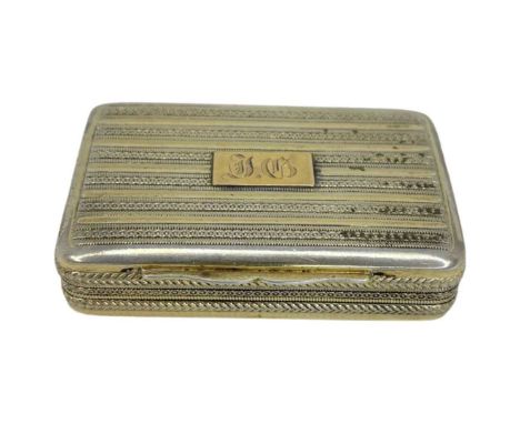 Georgian Silver Gilt Snuff Box. 56 g. Birmingham 1816, Samuel Pemberton. Fine engine turned decoration. Monogram to cartouche