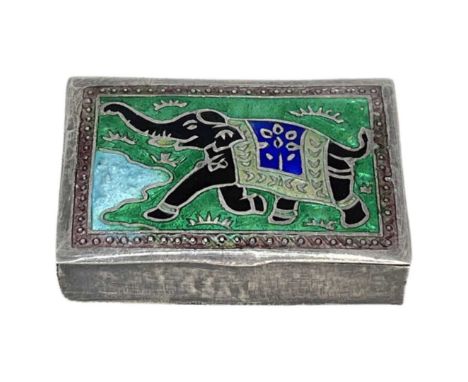 Indian Silver &amp; Enamel Trinket Box. 28 g. Marked 925. Enamel of an elephant.4.7 x 3.1 cmsCondition report: Enamel undamag