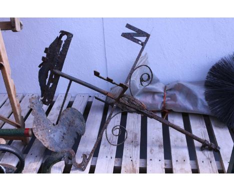 Vintage cast iron 'Cockrel' weather vane (Cockrel broken) and a set of chimney sweep rods