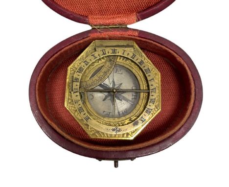 Andreas Vogler (ca. 1730-1800), Augsburg 18th Century Pocket Sundial, c. 1770. Of octagonal form with folding gnomon and dial