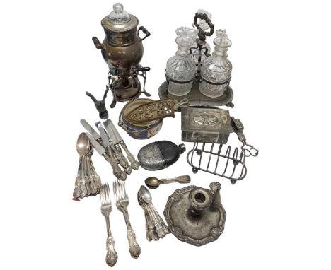 Quantity of Silver Plated and other Items to include 3 decanter basket (decanters included), percolator, chamberstick, toastr