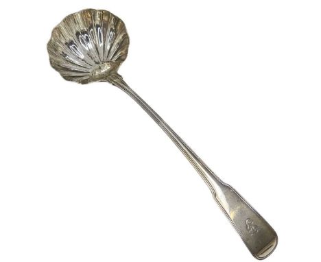 Georgian Silver Soup Ladle. 221 g. London 1802, Solomon Hougham. Fiddle pattern with monogram 'F' to terminal and with scallo