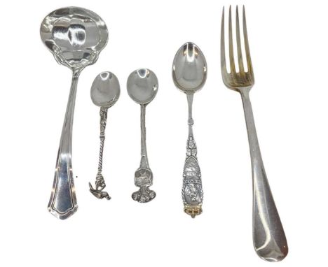 Assorted Silver Flatwares including Unusual Ladle. 123 g.Longest 17 cms approxCondition report: No issues