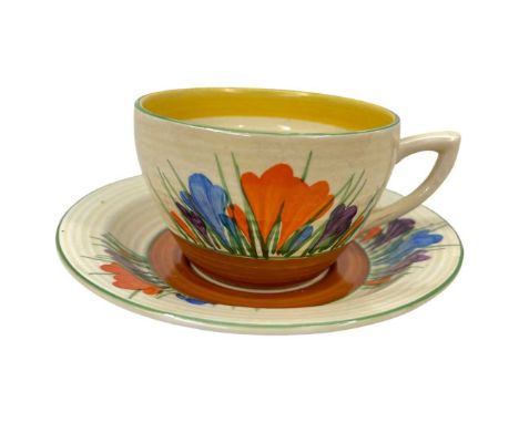 Clarice Cliff Lynton Shape Cup and Saucer, Autumn Crocus. Both cup and saucer Stamped 'CROCUS HANDPAINTED' and 'Bizarre by Cl