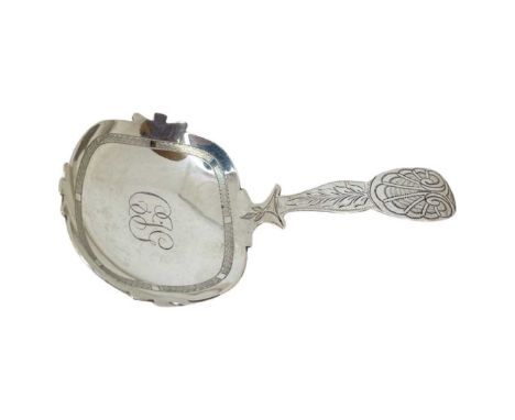 Georgian Bright Cut Silver Caddy Spoon. 19 g. London 1815, Thomas James. Unusual form. Monogram to bowl.Length 9.1 cmsConditi
