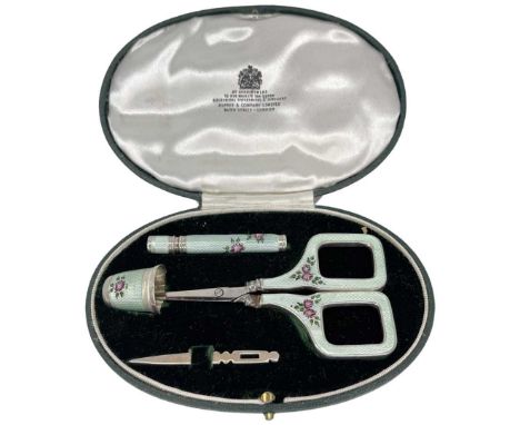 Asprey and Co. Cased Silver and Guilloche Enamel Manicure Set. London Import Mark 1977. In original Asprey case. Enamel in ve