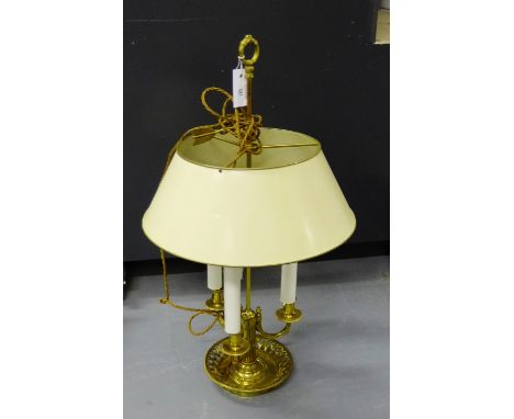 Brass triple light lamp base, complete with cream shade 