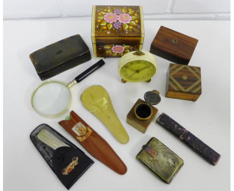 A mixed lot to include miscellaneous horn and wood trinket boxes, a small copper inkwell, a vintage clock, magnifying glass a