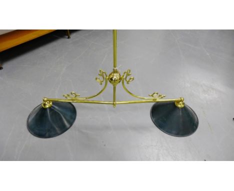 Twin lamp ceiling light fitting with brass effect arms and pair of green metal domed shades 