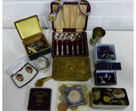 A mixed lot to include a WWI Christmas tin, Epns teaspoons and napkin rings, Mandal Silver spirit measure, pre decimal coins,