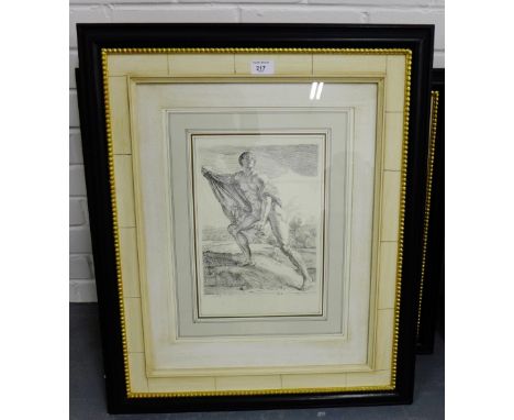 Classical study of a male nude, a framed print, in contemporary black painted and gilded frame, 75 x 60 cm overall 