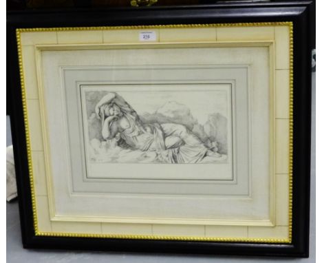 Classical study of a semi clad female, a framed print, in contemporary black painted and gilded frame, 75 x 60 cm overall 