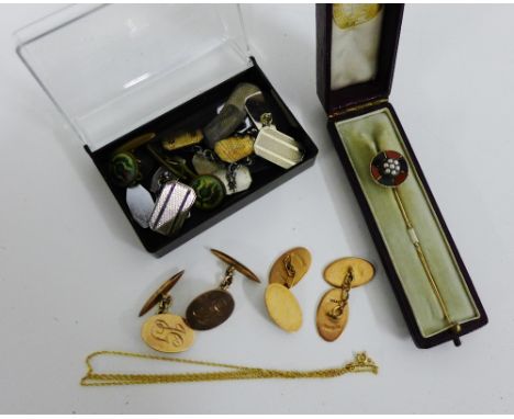A seed pearl and Scottish agate inset tie pin, in fitted box, together with a two pairs of 9 carat gold cufflinks and a 9 car