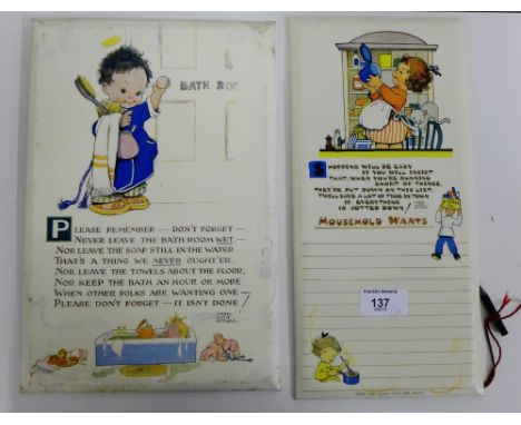 Vintage Mabel Lucie Attwell Valette Washable Series boards to include The Bathroom and Household Wants Shopping List  (2) 