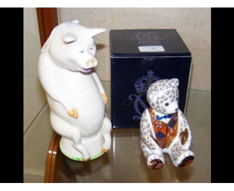 A Royal Crown Derby Teddy Bear paperweight with box, together with a Carlton ware Pig teapot 