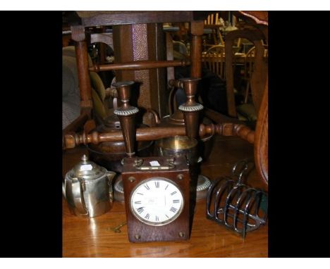 Copper kettles, mantel clock, etc. 