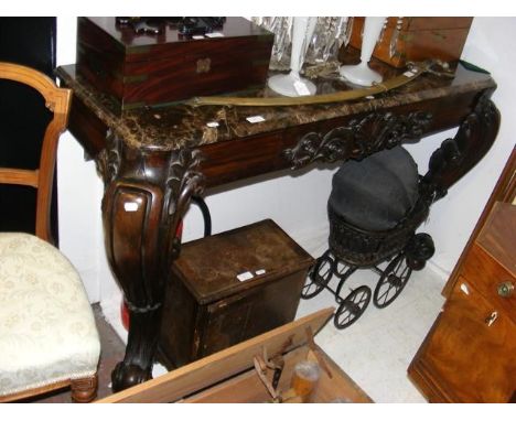 A decoratively carved console table with cabriole front supports and marble top - 130cm x 45cm and standing 80cm high CONDITI