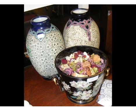 A pair of 28cm high Amphora vases, together with a ceramic jardiniere 