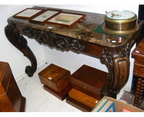 A decoratively carved console table with cabriole front supports and marble top - 130cm x 45cm and standing 80cm high CONDITI