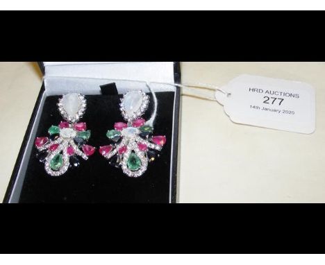 A pair of lady's decorative earrings set with moonstone, ruby and emeralds CONDITION REPORTmarked 925