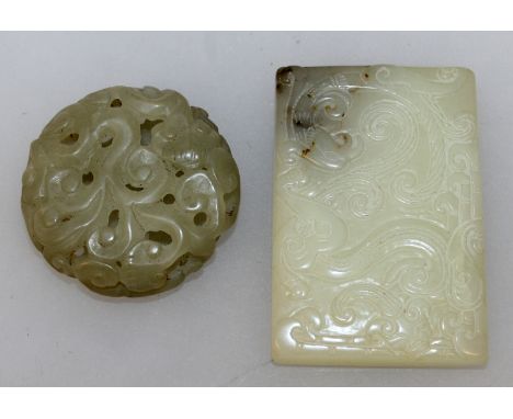 A CHINESE RECTANGULAR CELADON JADE PENDANT, decorated withchilong, 3in x 2in; together with a lingzhi pierced pendant with a 