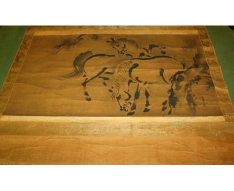 A VERY LARGE ORIENTAL HANGING SCROLL PAINTING ON PAPER IN THE MANNER OF RONG CHUAN, together with an original wood scroll box