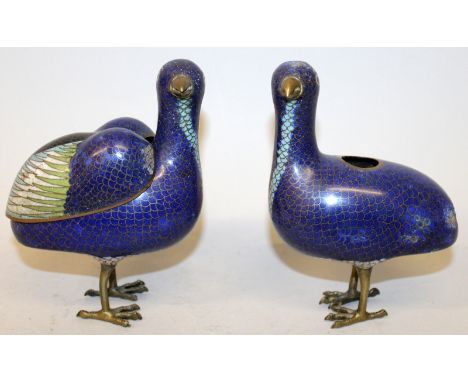 A PAIR OF 19TH CENTURY CHINESE JIAQING CLOISONNE BIRD CENSERS, one with a cover, each with predominantly blue plumage embelli