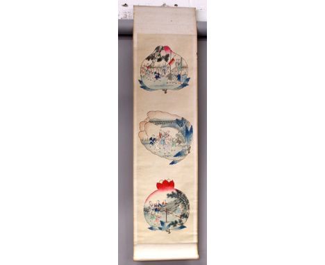 A CHINESE HANGING SCROLL PAINTING ON PAPER, depicting three fruit-form panels of boys playing in garden setting, the painting