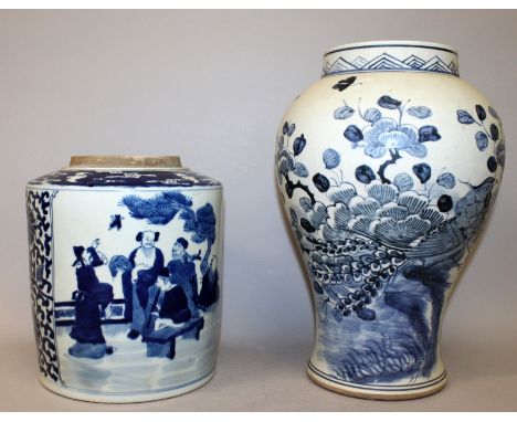 A LARGE CHINESE BLUE & WHITE PORCELAIN TEA CADDY, decorated with figural panels, 7.7in diameter at base & 9.25in high; togeth