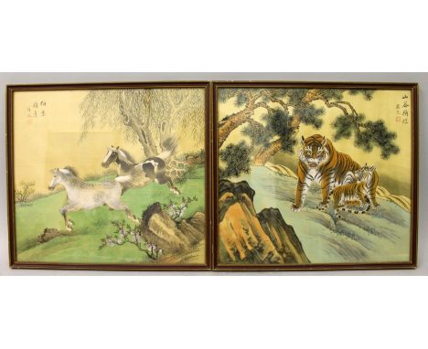 A GOOD QUALITY 19TH/20TH CENTURY FRAMED CHINESE PAINTING ON SILK OF TWO GALLOPING HORSES, with calligraphy and artist's seal,