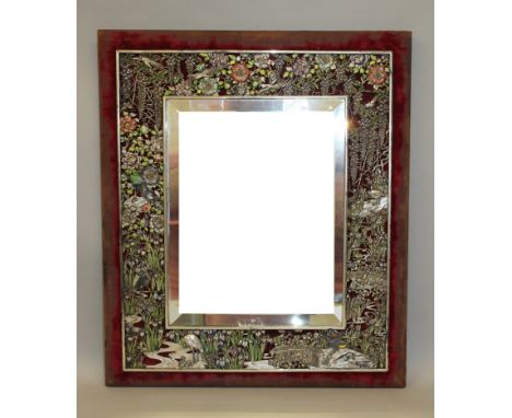 A FINE QUALITY JAPANESE MEIJI PERIOD ENAMELLED SILVER MIRROR, mounted on a felt covered wood frame, the pierced enamelled sil