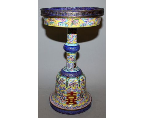 A 19TH CENTURY CHINESE YELLOW GROUND CANTON ENAMEL TAZZA, decorated with auspicious characters, cloud scrolls, bats and ribbo