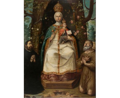 Colonial School. 18th century.  "True portrait of Our Lady of Valvanera"  Oil on canvas. 142 x 106 cm.  The iconography is ba