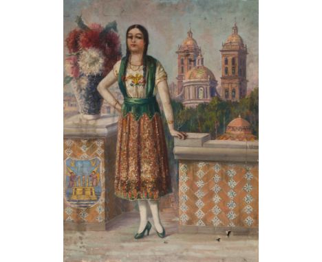 Colonial School. Mexico. 19th century.   "Girl from Puebla"   Oil on canvas. Illegible signature. 100 x 75 cm. It has three t