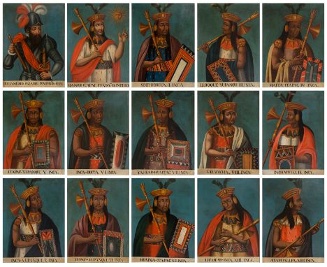 Viceroyalty School. End of 18th century."Genealogy of the fourteen Inca kings and the conqueror Francisco Pizarro"Fifteen oil