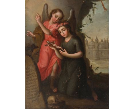 José de Páez (Mexico City, 1727 - 1780)  "Saint Rosalia"  Oil on copper. Signed and situated in Mexico. 28,5 x 22,5 cm.  With