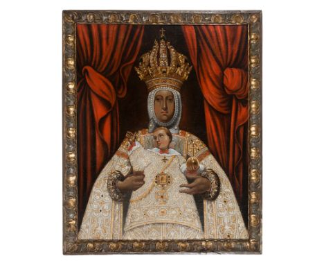 Spanish or Colonial School. 17th - 18th century.   "True Portrait of Our Lady of the Tabernacle of Toledo Cathedral"   Oil on