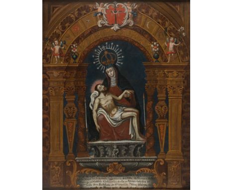 Colonial School. 18th century.   "True Portrait of the image of Our Lady of Piety"   Oil on canvas. 78 x 61,5 cm. It has a ca