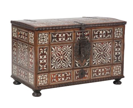 Trunk "enconchado" (encrusted) with tortoiseshell and mother of pearl. Iron fittings.  Viceroyalty work.  Peru.  18th century