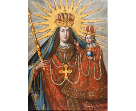 Colonial School. Cuzco. Peru. Early 18th century.   "Our Lady of the Sceptre"   Oil and gold illuminations on canvas.  Dated 