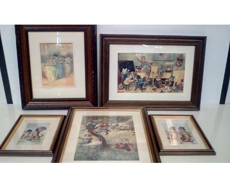 Five Louis Wain framed prints 