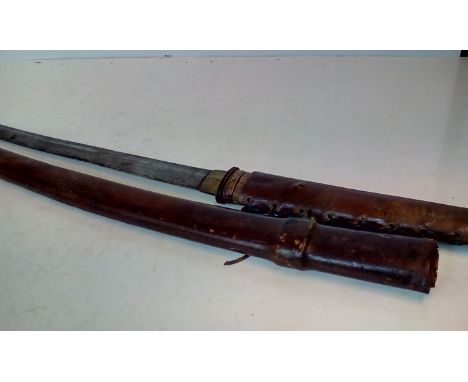 Early 20th century Burmese leather bound Dho sword and scabbard, 97cm 