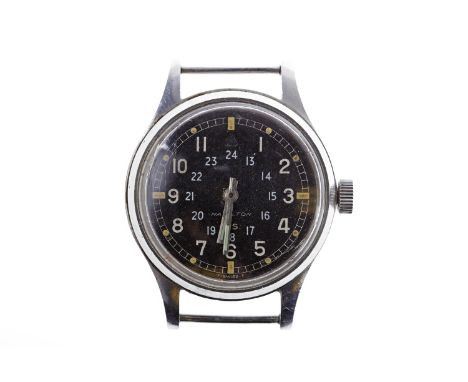 GENTLEMAN'S MILITARY ISSUE STAINLESS STEEL MANUAL WIND WRIST WATCHsigned Hamilton 17 jewel 8758 movement, the round black dia