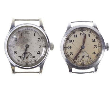 TWO GENTLEMAN'S MILITARY ISSUE STAINLESS STEEL MANUAL WIND WRIST WATCHES one with unsigned movement, round white dial, Arabic