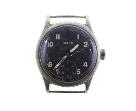 GENTLEMAN'S NISUS GERMAN MILITARY ISSUE CHROME MANUAL WIND WRIST WATCHsigned Nisus 15 jewel movement, the round black dial wi